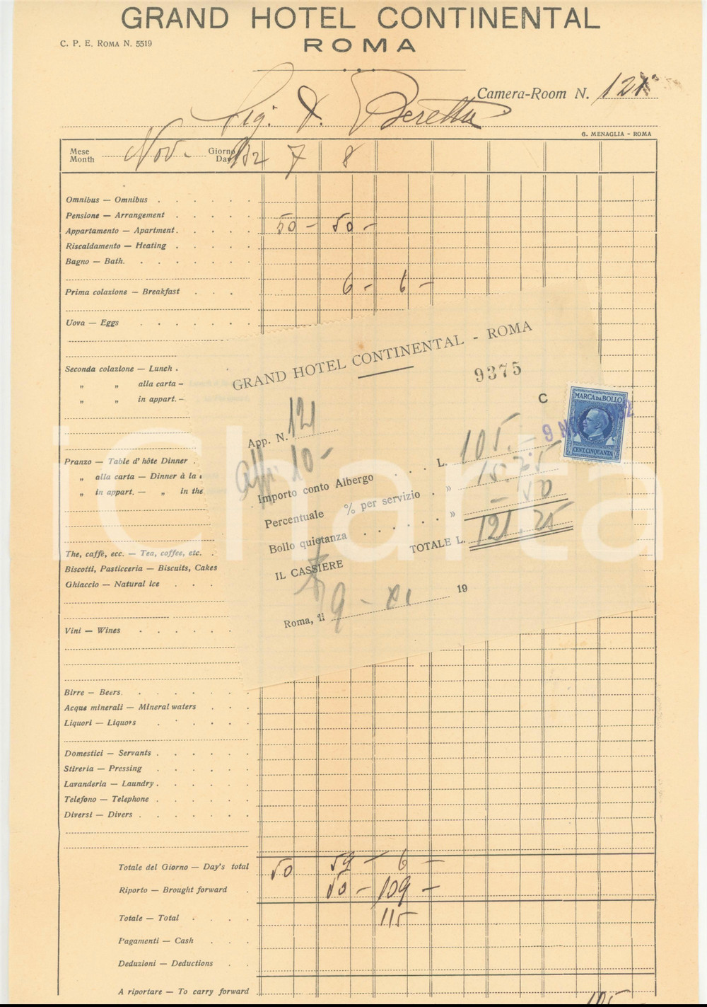 1932 ROMA Grand Hotel Continental - Fattura carta intestata