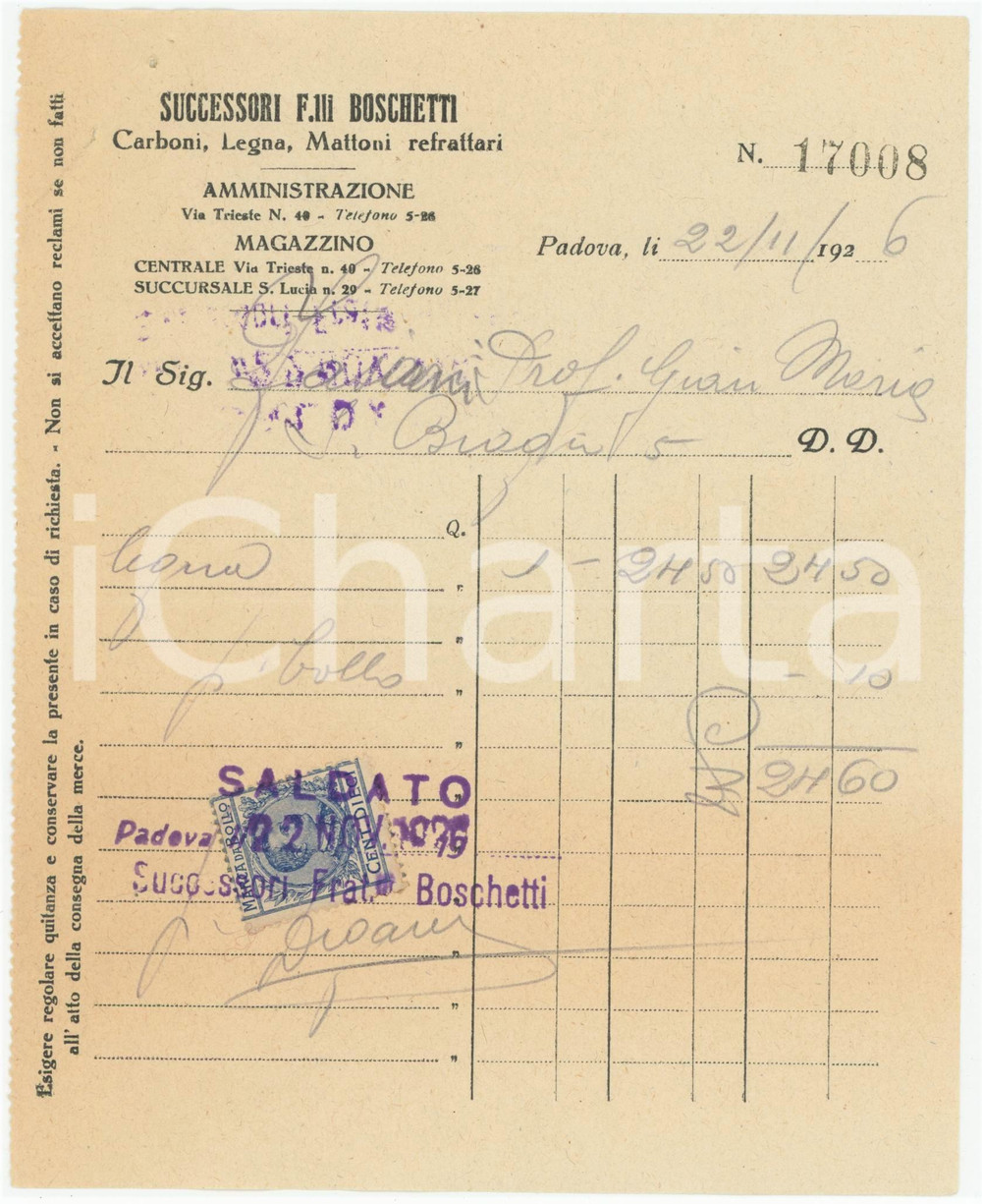 1926 PADOVA via Trieste 40 - Successori F.lli BOSCHETTI Legna *Fattura