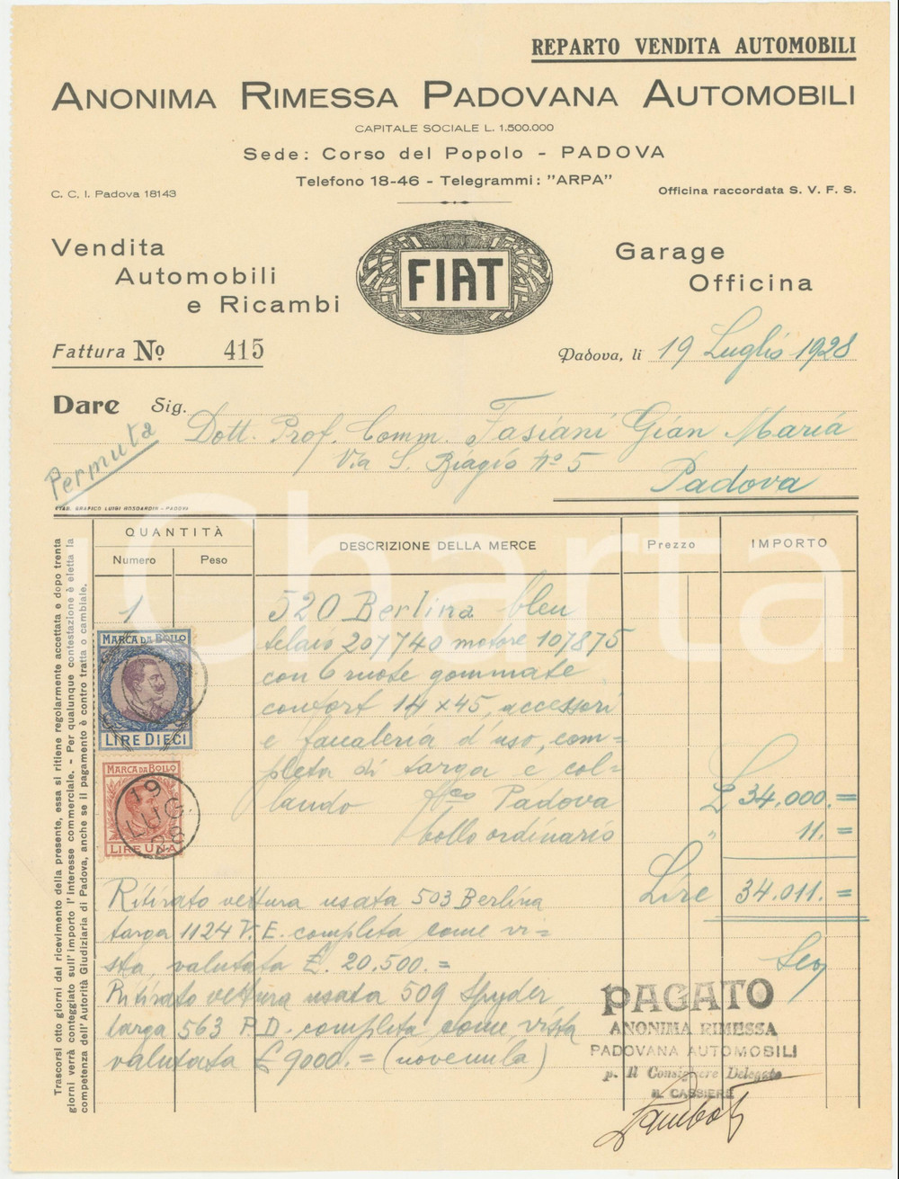 1928 PADOVA Corso del Popolo - Anonima Rimessa Padovana Automobili *Fattura