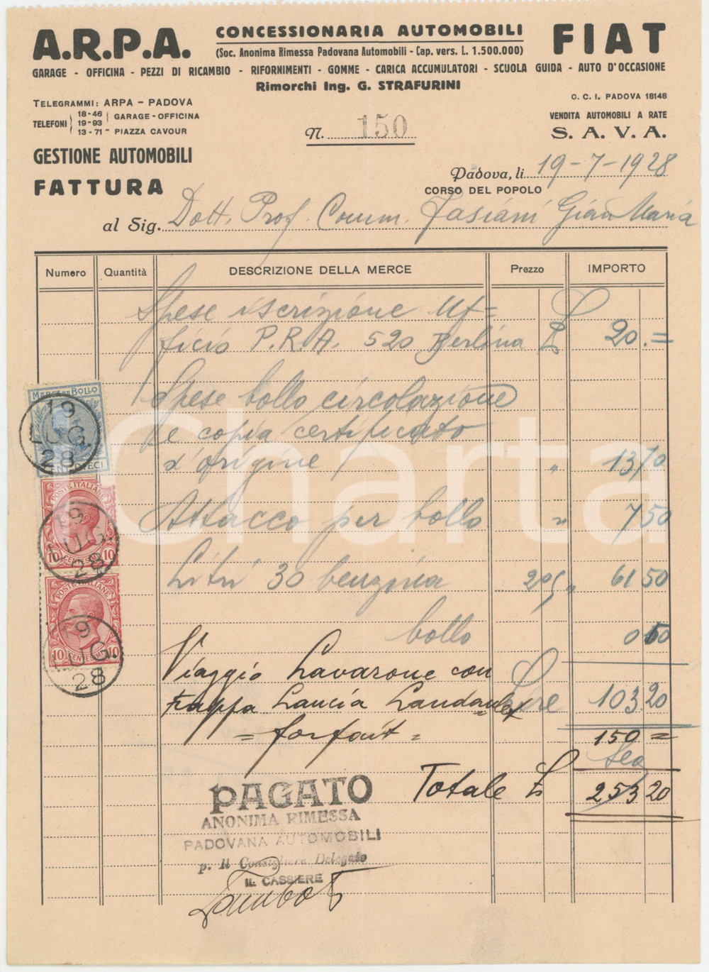 1928 PADOVA Corso del Popolo - A.R.P.A.- FIAT Concessionaria Automobili *Fattura