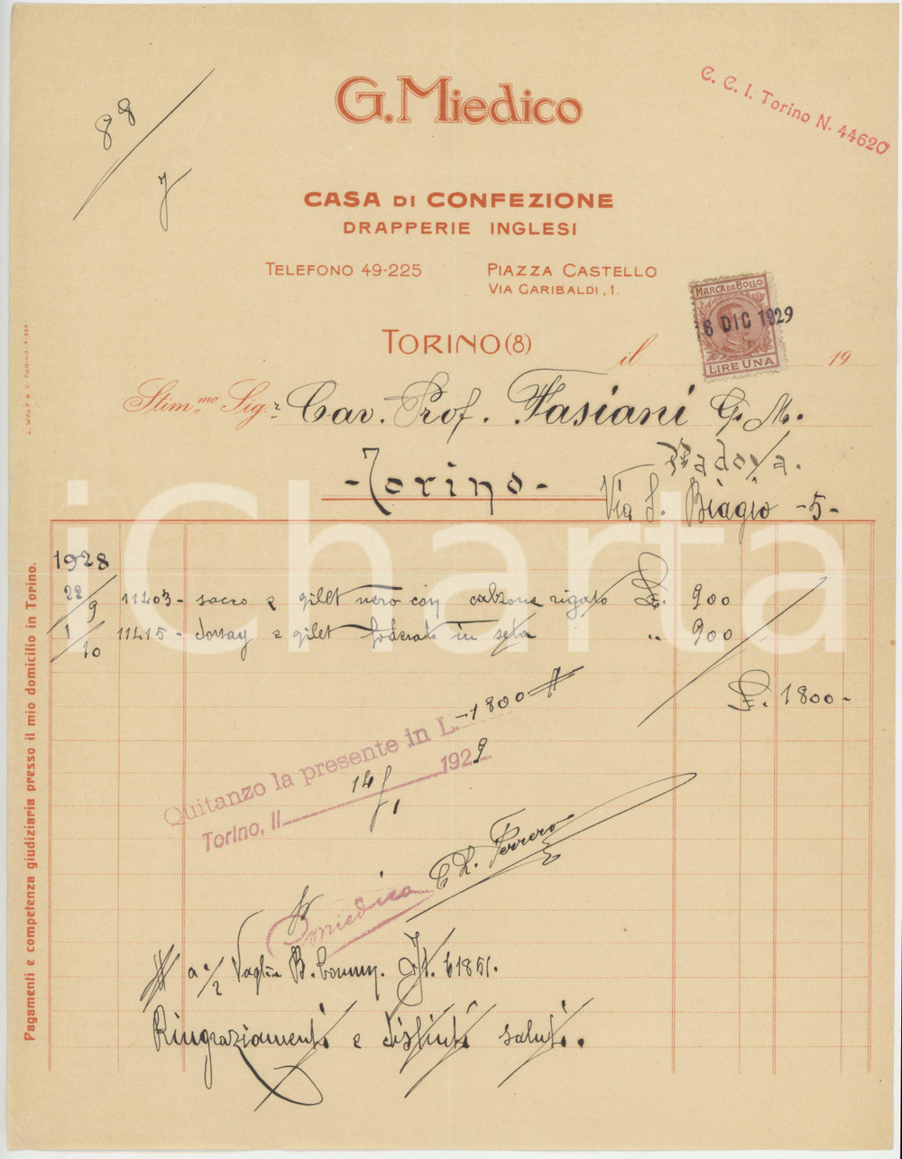 1929 TORINO Piazza Castello - G. MIEDICO Drapperie inglesi - Fattura