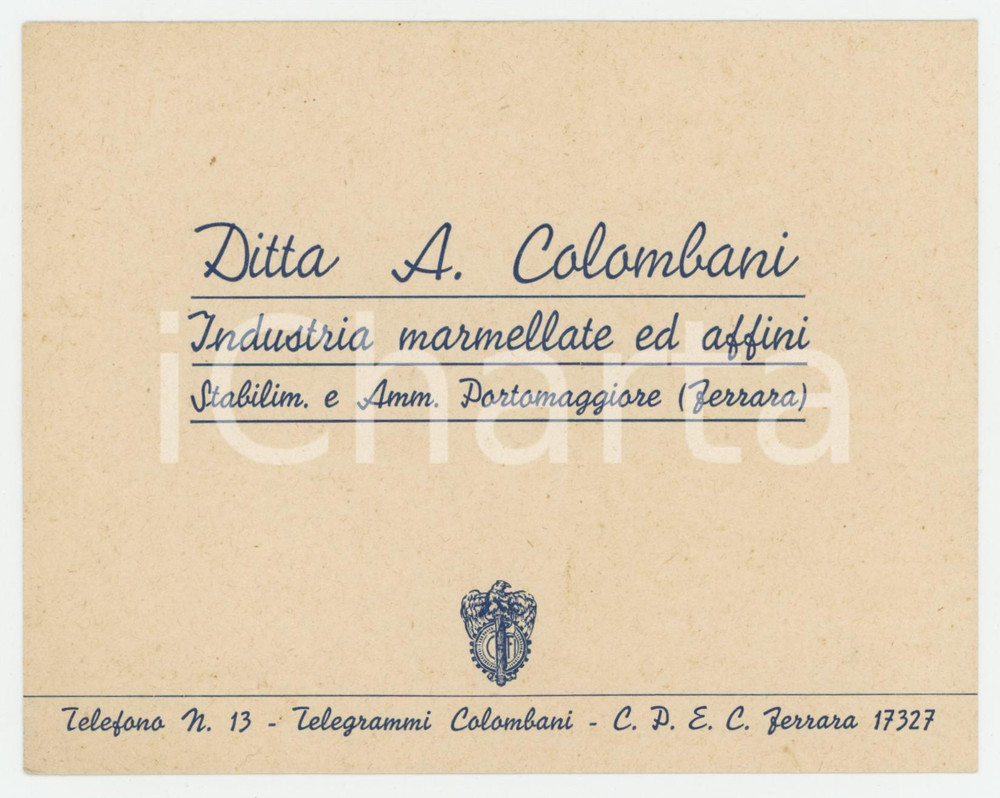 1940 ca PORTOMAGGIORE - Ditta A. COLOMBANI Marmellate - Cartoncino pubblicitario