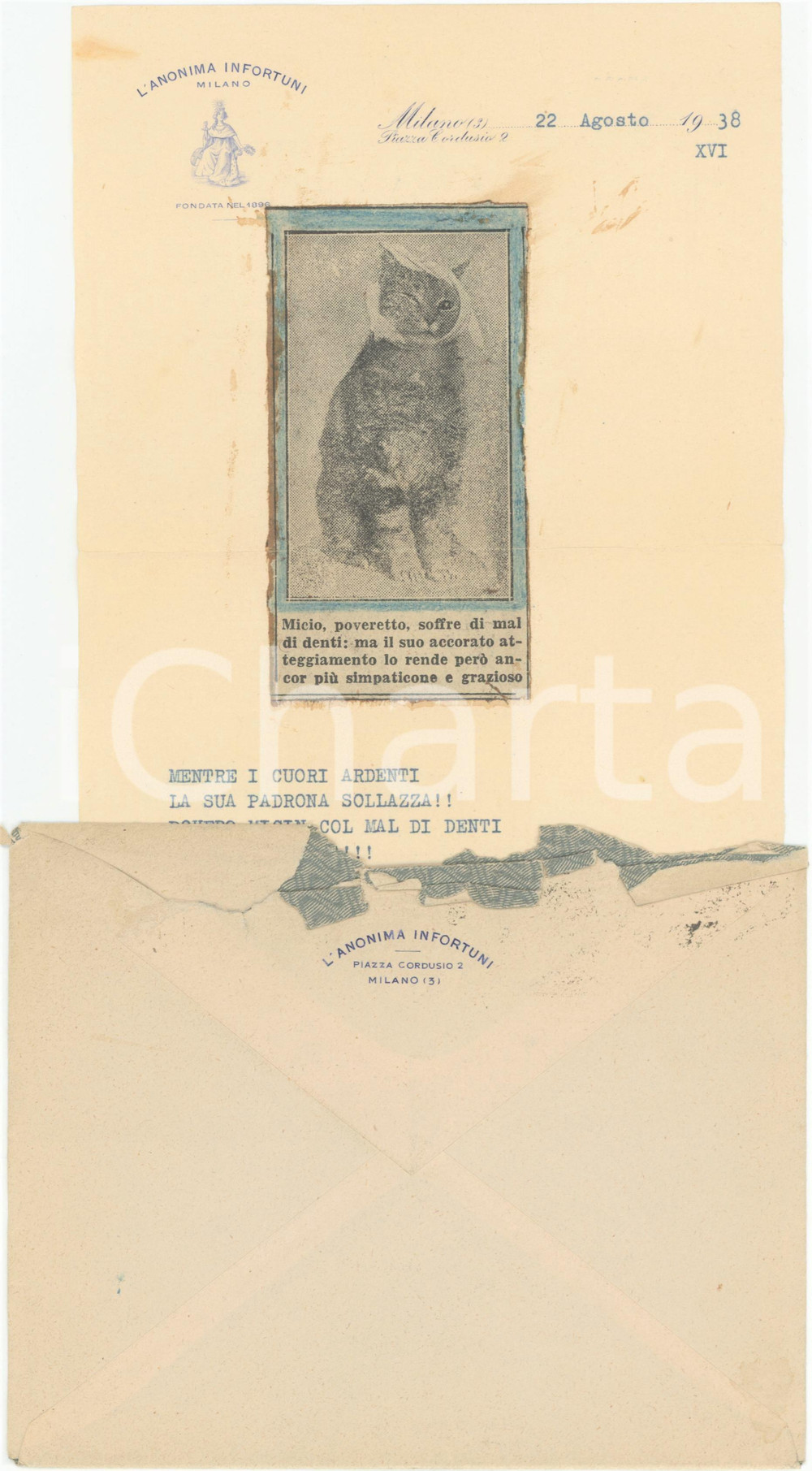 1938 MILANO L'Anonima Infortuni - Micio con il mal di denti - Collage CURIOSO