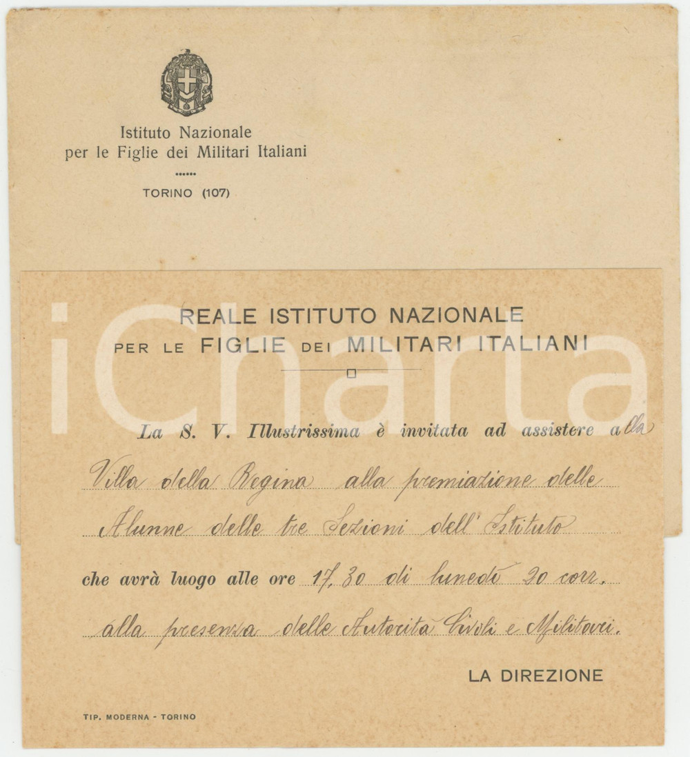 1910 ca TORINO Reale Istituto Nazionale Figlie Militari Italiani - Invito