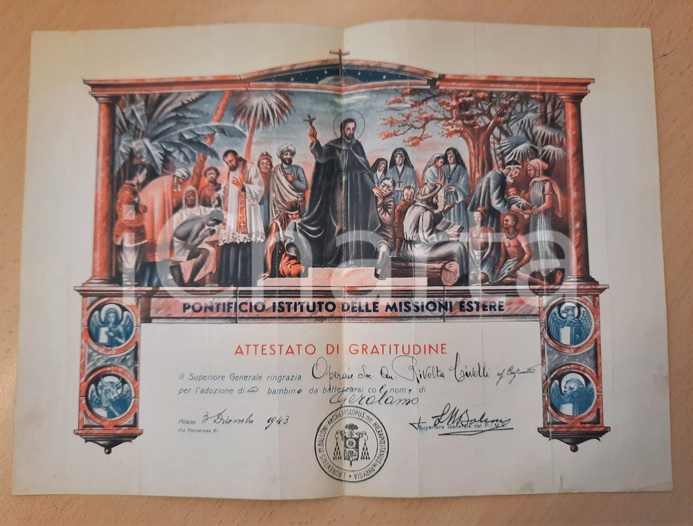 1943 MILANO Pontificio Istituto Missioni Estere - Attestato di gratitudine