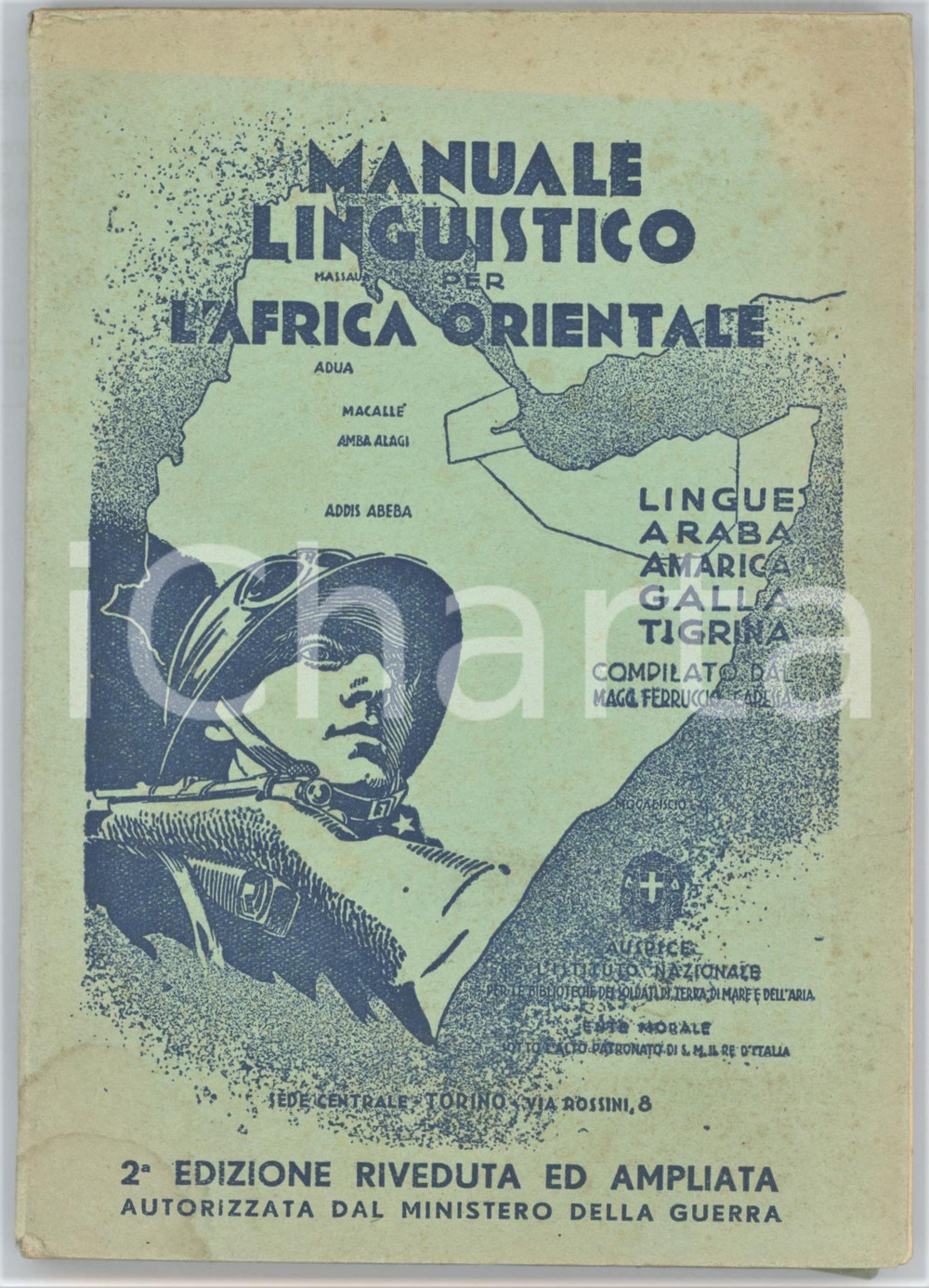 1936 Ferruccio CARESSA Manuale linguistico per l'Africa Orientale *2^ Ed. Brossura editoriale, con copertina flessibile.PAGINE: 159 FAIR/discreto gualciture angolari alle ultime pagine; piccoli strappi e tracce di umiditÃ  in copertina Formato: 12x17 cm originale e autentica 1