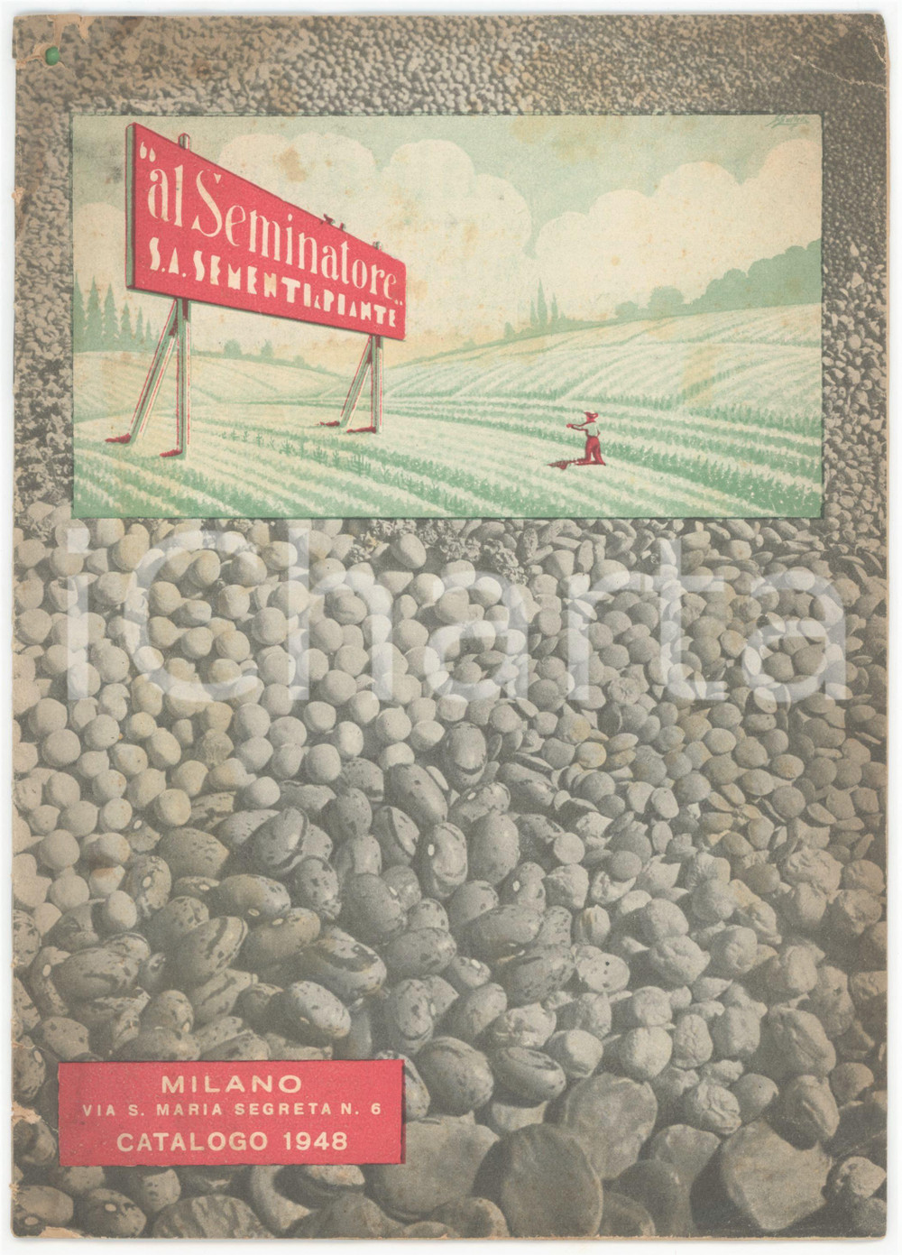 1948 MILANO - AL SEMINATORE - Catalogo sementi e piante 20 pp. DANNEGGIATO Catalogo originale d'epoca, con alcune illustrazioni b/n, della societ&agrave; con sede in via S. Maria Segreta 6.PAGINE: 20 VERY POOR/gravemente danneggiato piegature angolari, con strappi agli angoli superiori che interessano tutto il fascicolo; macchie in copertina Formato: 17x23 cm originale e autentica 1