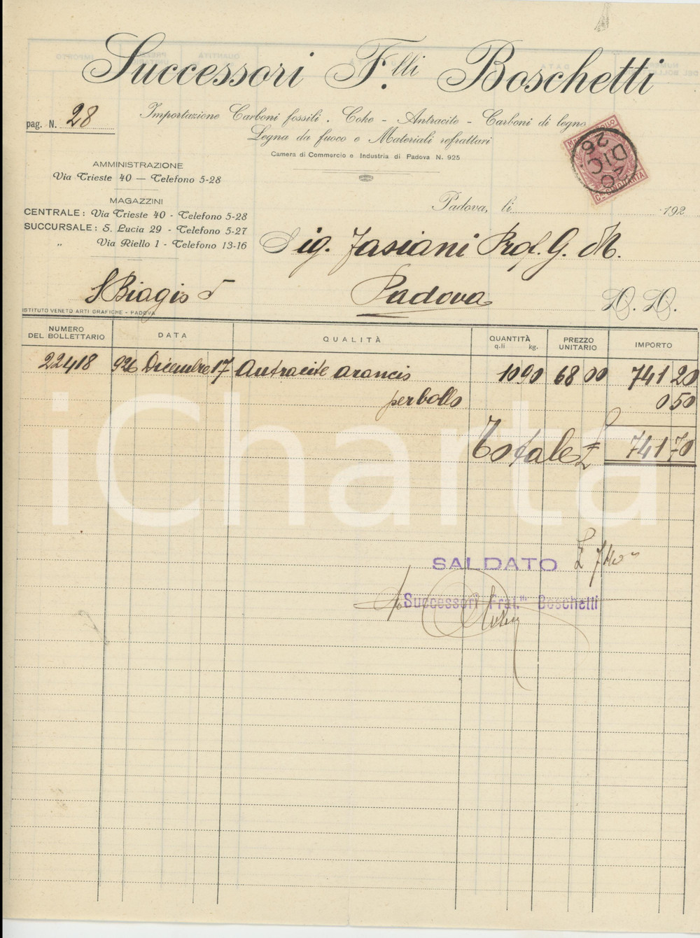 1926 PADOVA Via Trieste - Successori FRATELLI BOSCHETTI Carboni fossili *Fattura
