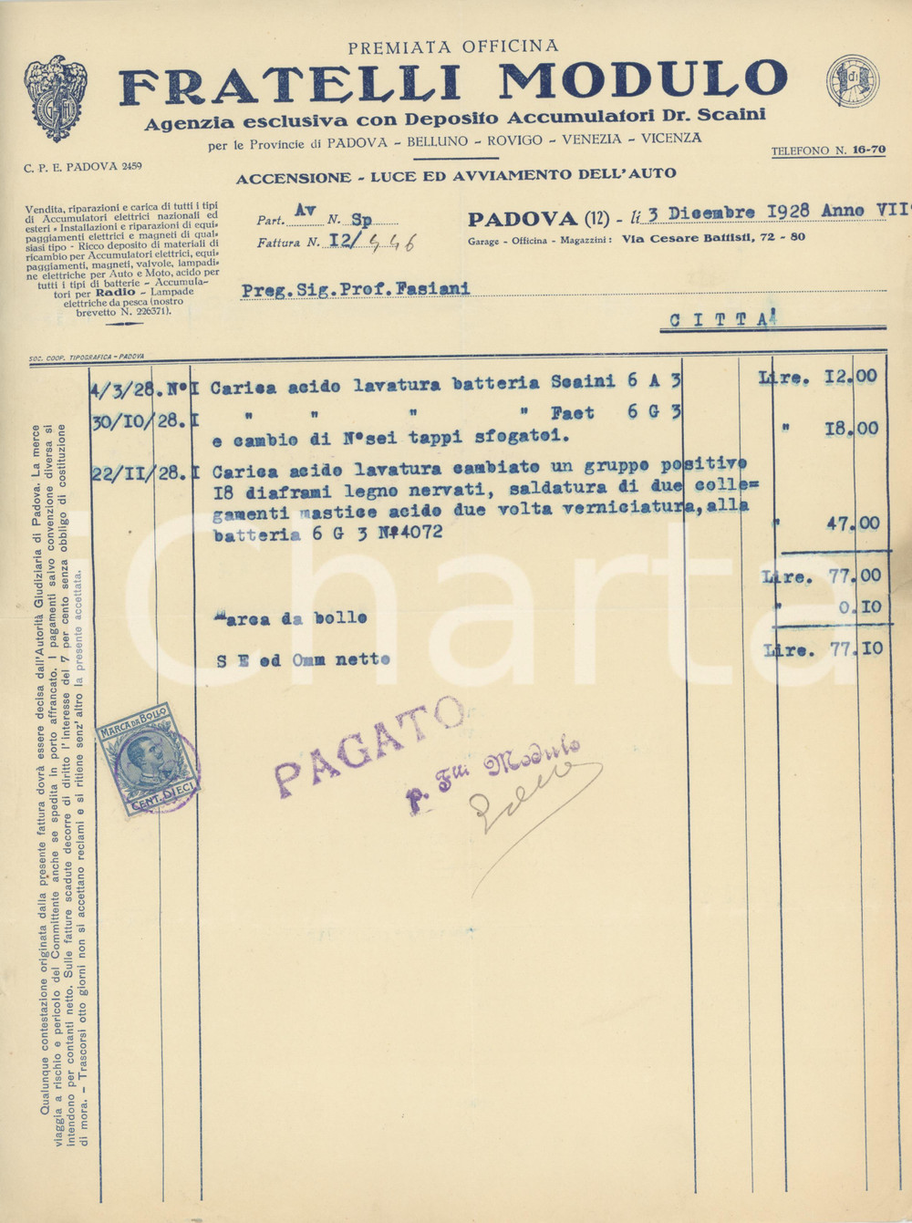 1928 PADOVA Via Cesare Battisti 72 - Officina FRATELLI MODULO - Fattura