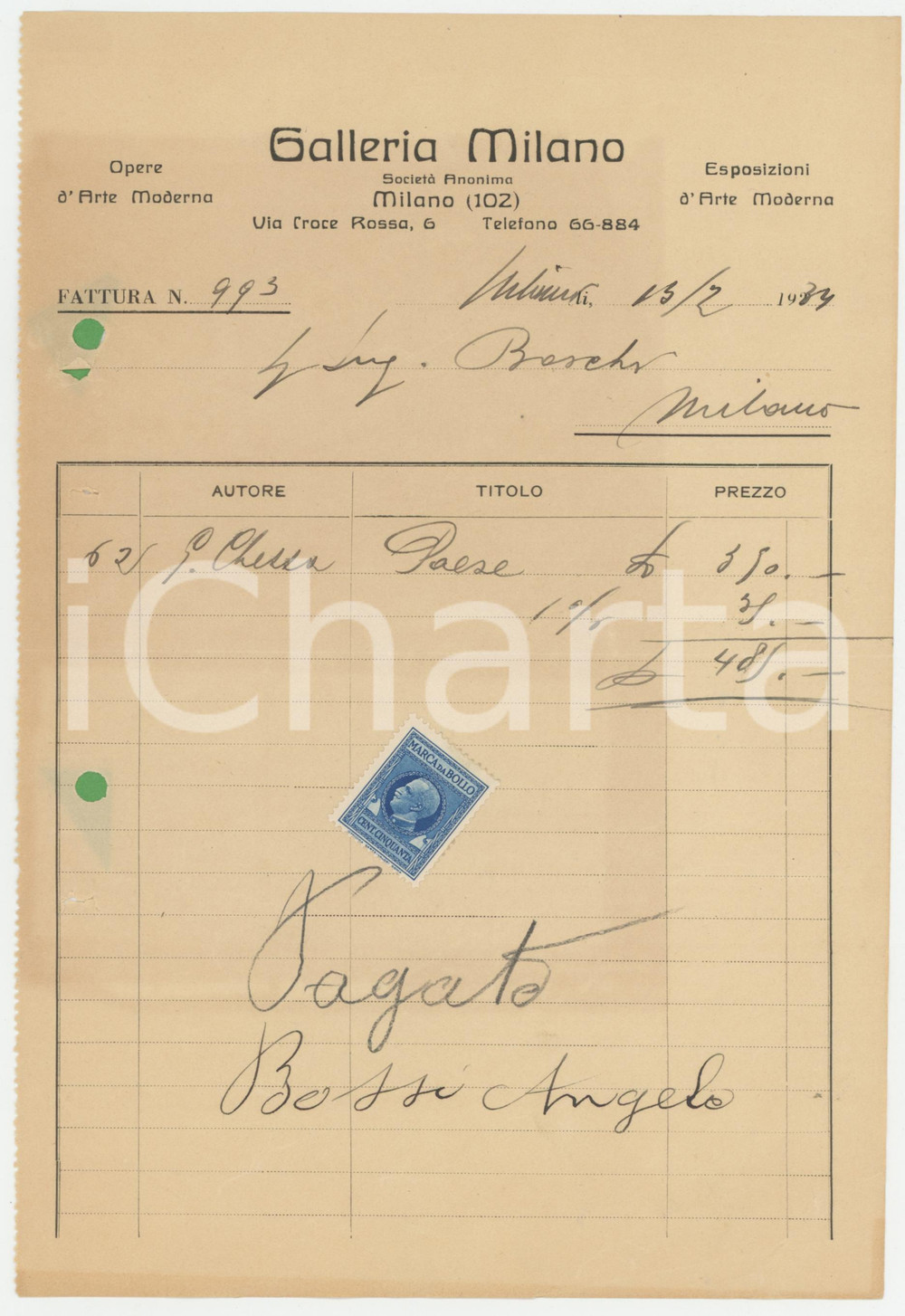 1934 MILANO Galleria MILANO - Ricevuta vendita opera di Gigi CHESSA Ricevuta originale della galleria d'arte di via Croce Rossa 6, su carta intestata, relativa alla vendita di "Paese" di Gigi Chessa.Bollo.  FAIR/discreto piegature d'epoca; fori da classificatore  originale e autentica 1