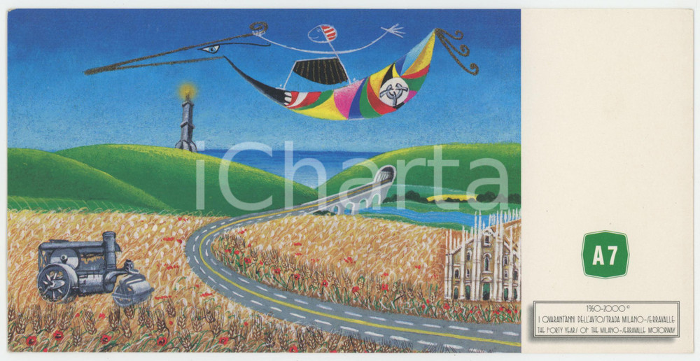 2000 Autostrada A7 MILANO-SERRAVALLE - Cartolina ill. MELONISKI DA VILLACIDRO 2  Cartolina originale realizzata per i 40 anni dell'autostrada A7.  FAIR/discreto lievi piegature angolari FORMATO: 21x10 cm originale e autentica 1