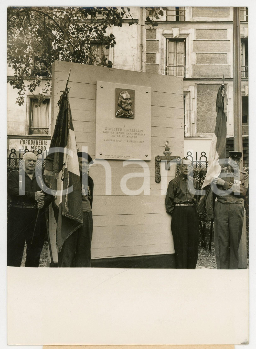 Fotografia d epoca originale 1957 SAINTOUEN Targa commemorativa a Giuseppe GARIBALDI per 150Â° della nascita 1