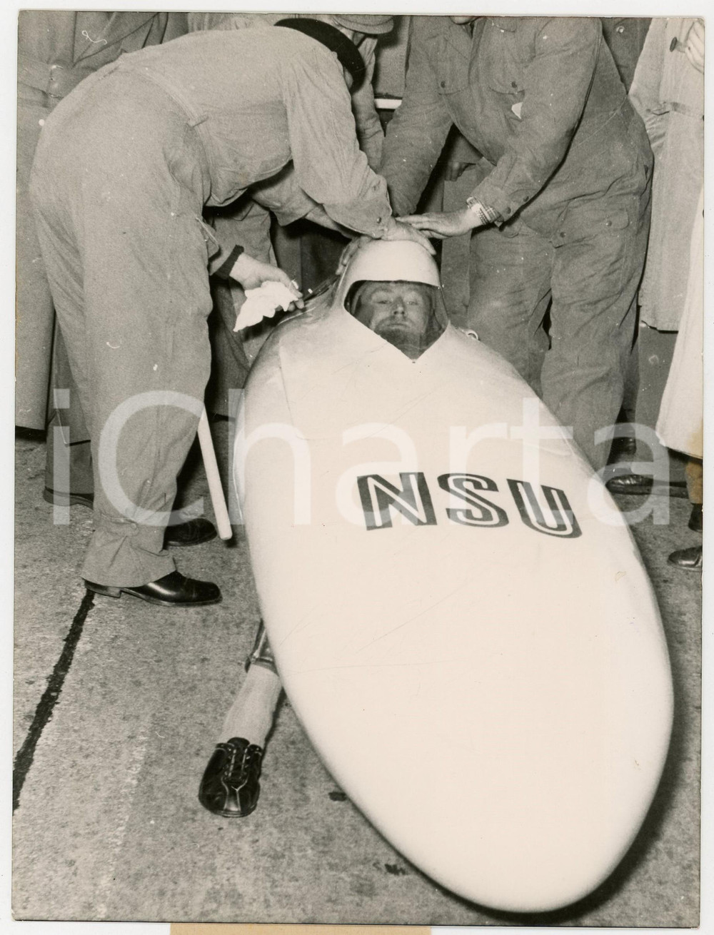 1954 GERMANY - Gustav Adolf BRAUN breaks records with NSU streamlined motorcycle