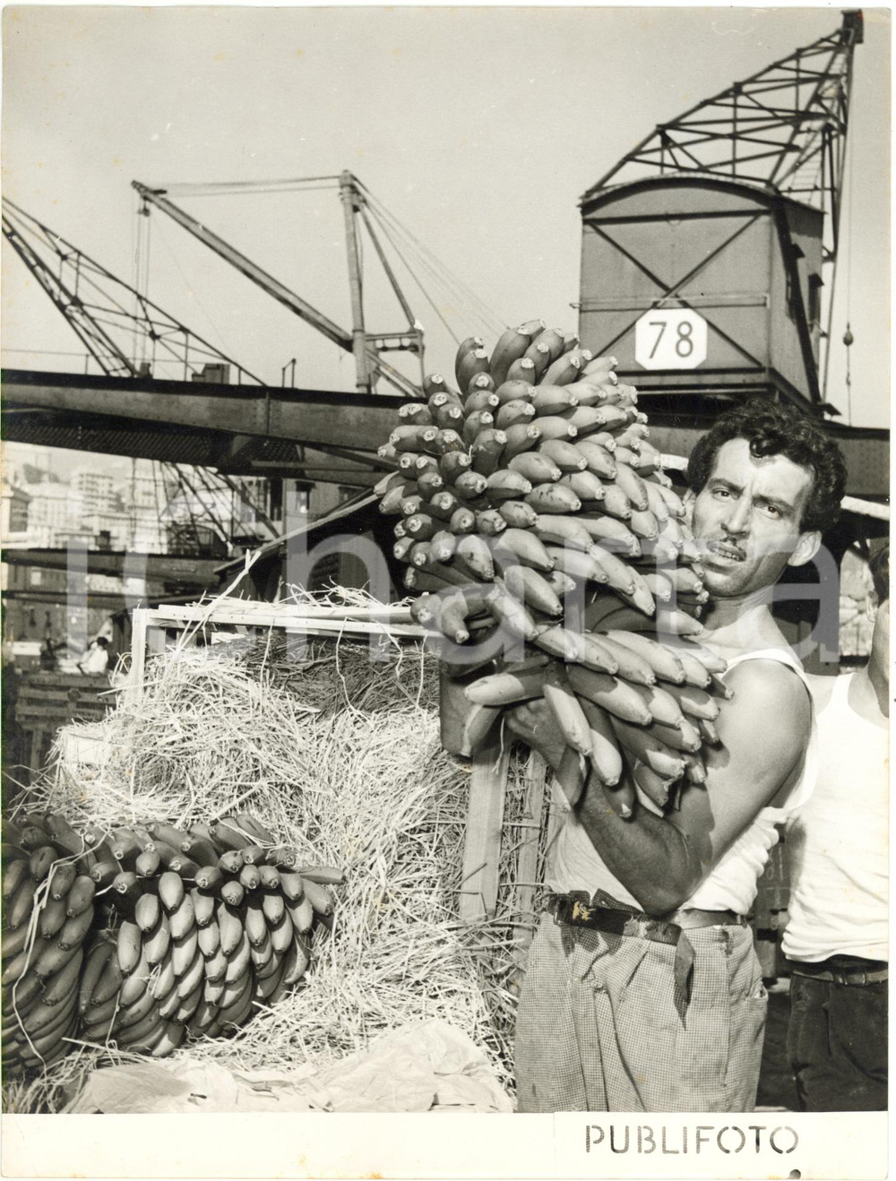 1953 PORTO DI GENOVA - Manovale trasporta caschi di banane *Foto VINTAGE 18x24