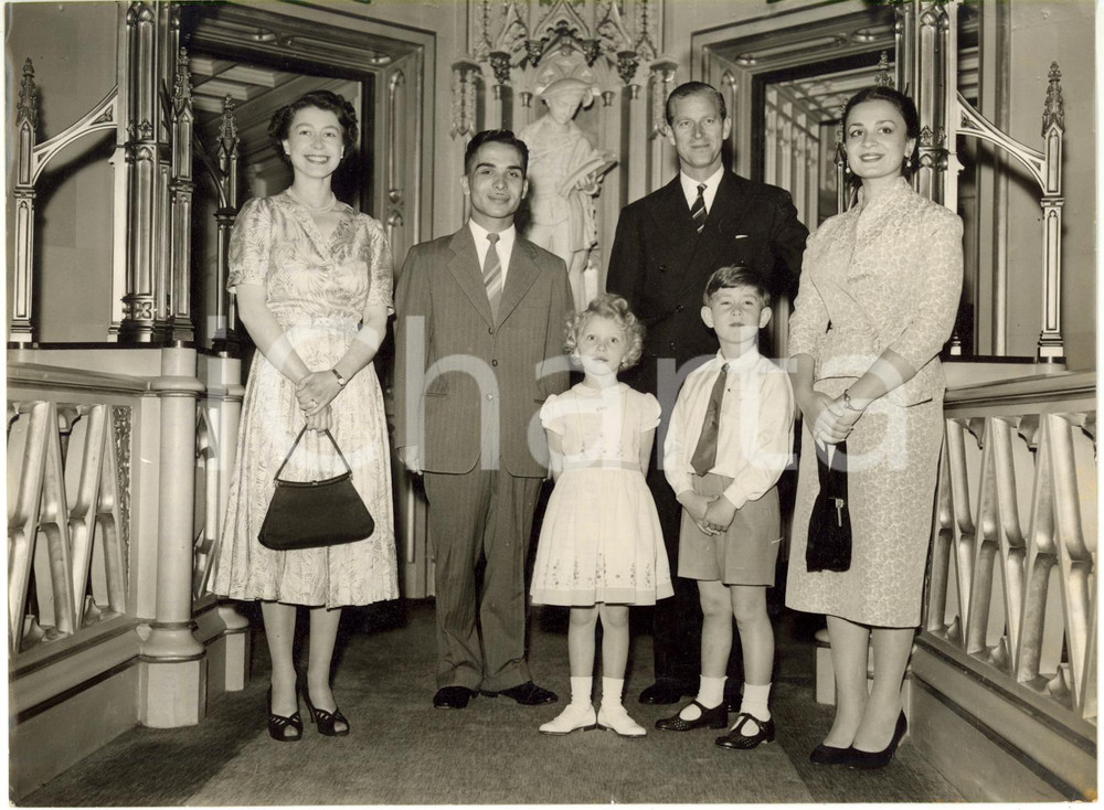 1955 WINDSOR CASTLE King HUSSEIN of Jordan and Queen DINA with the ROYAL FAMILY