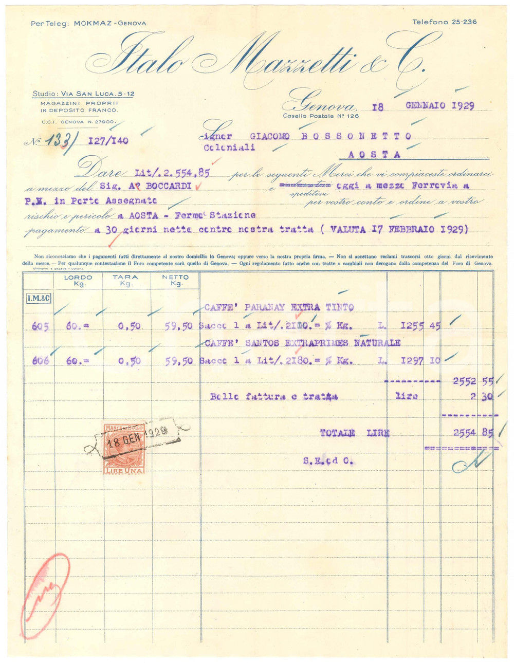 1929 GENOVA Via San Luca 5-12 - Italo MAZZETTI & C. - Fattura per caffè (1)