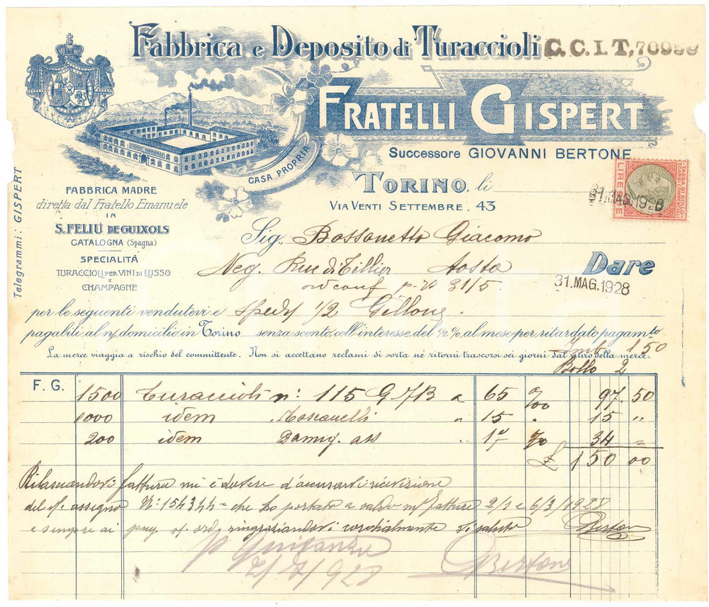 1928 TORINO Fratelli GISPERT Fabbrica e deposito di turaccioli - Fattura