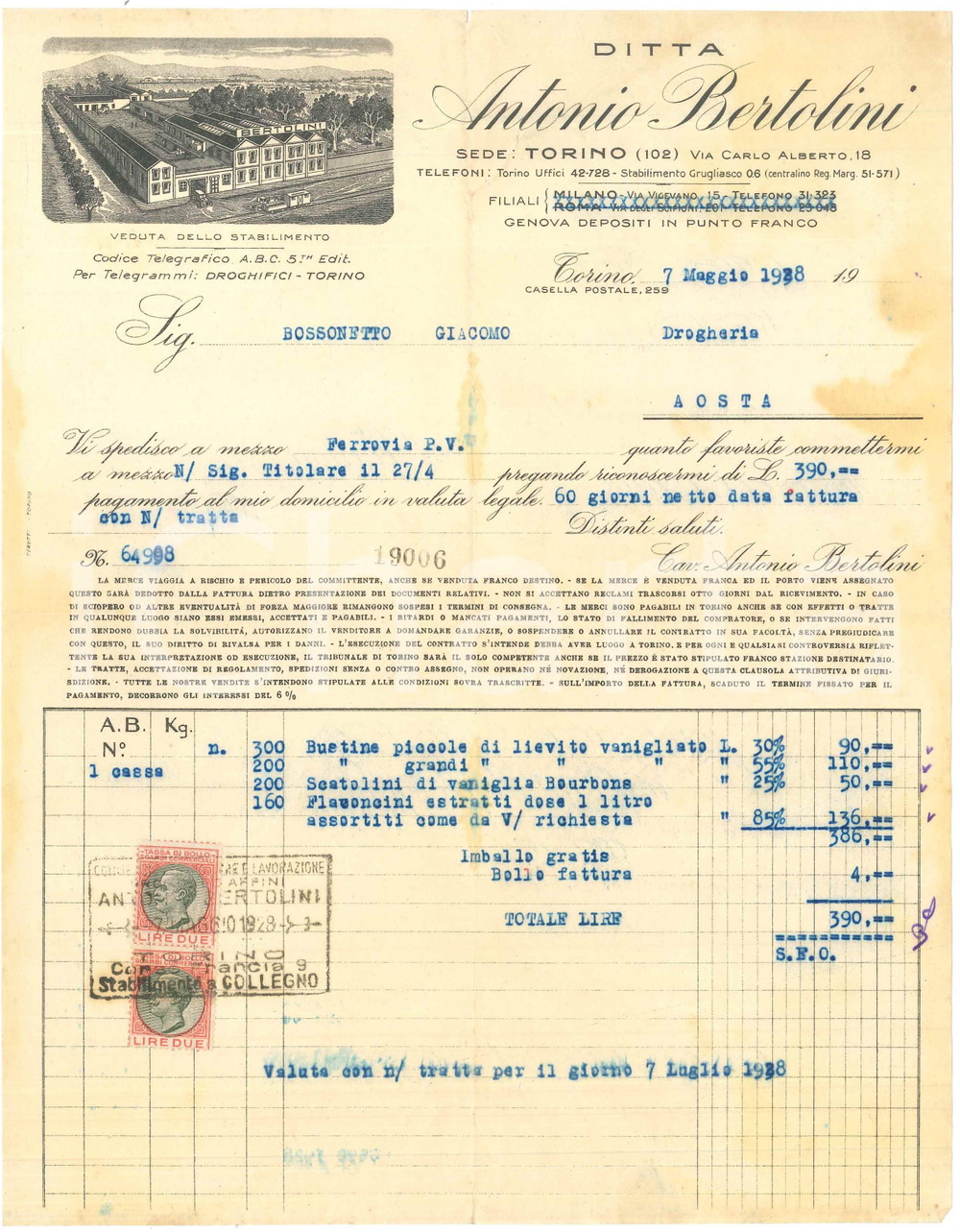 1928 TORINO Via Carlo Alberto 18 - Ditta Antonio BERTOLINI Droghe - Fattura