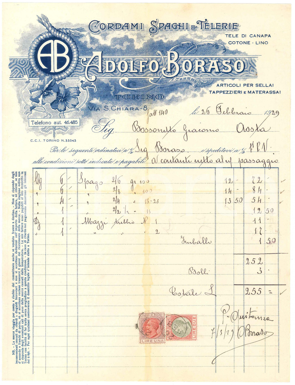 1929 TORINO Via S. Chiara 8 - Adolfo BORASO Cordami Spaghi e Telerie - Fattura