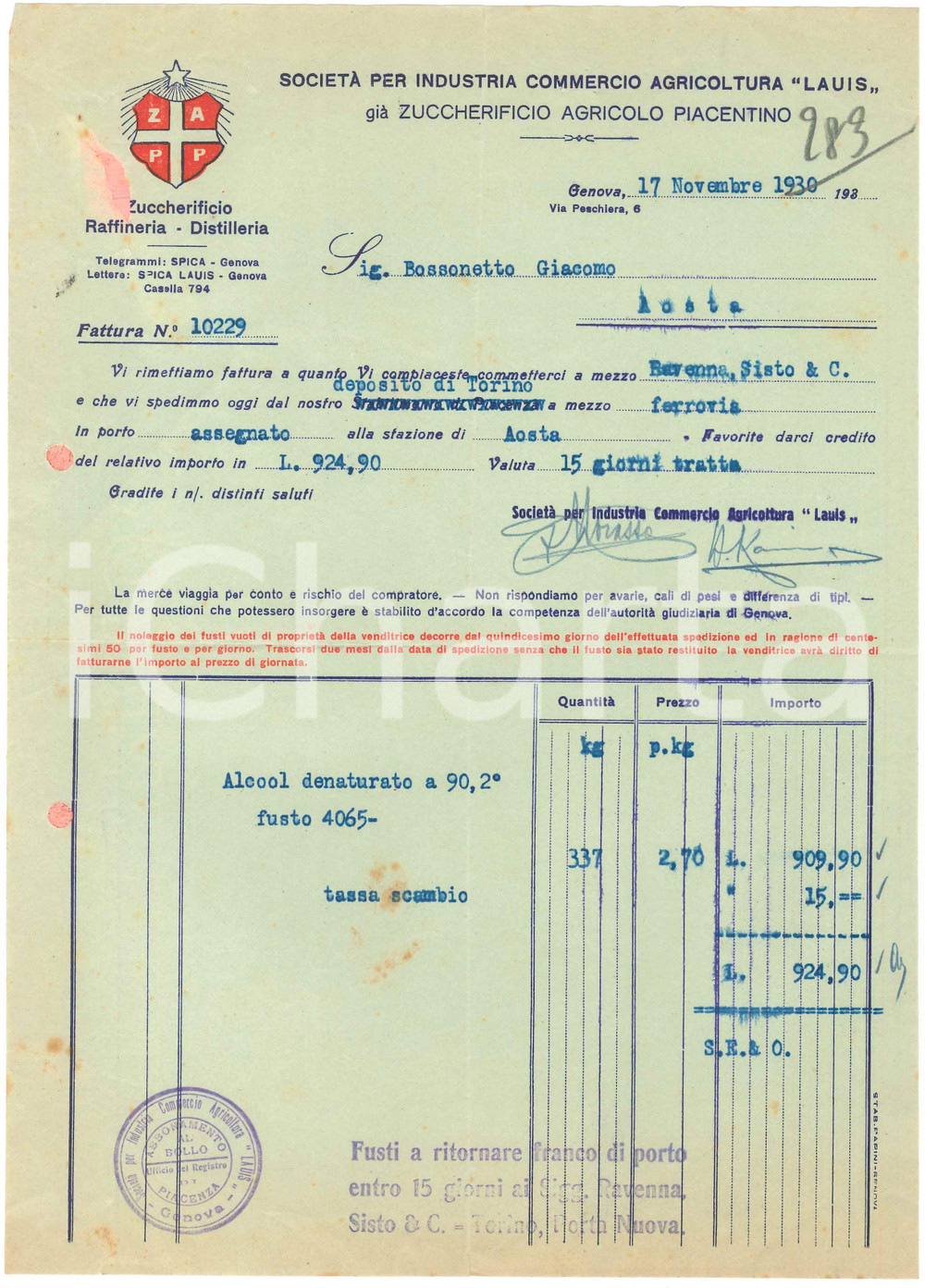 1930 GENOVA Via Peschiera 6 - LAUIS Zuccherificio agricolo piacentino - Fattura