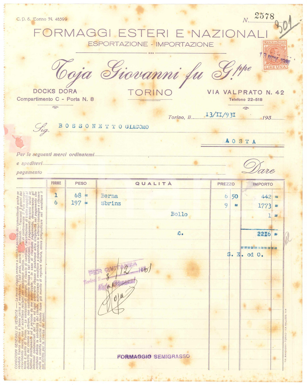 1931 TORINO Via Valprato 42 - Giovanni TOJA fu Giuseppe *Fattura (3) DANNEGGIATA