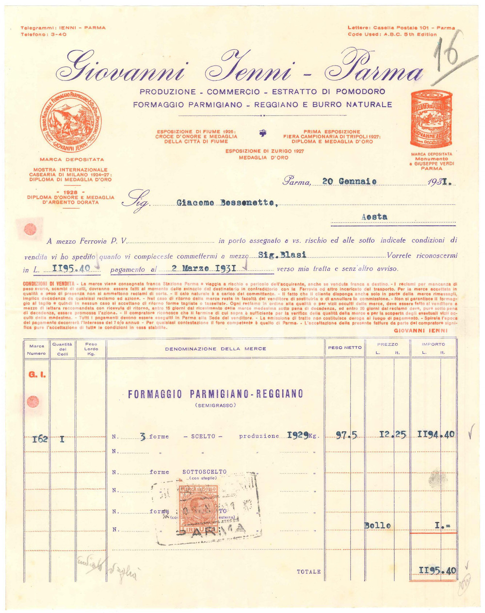 1931 PARMA Giovanni IENNI Produzione Formaggio Parmigiano Reggiano - Fattura 2 Fattura commerciale d'epoca dattiloscritta, su carta intestata.Presente marca da bollo.PAGINE: 1  FAIR/discreto piegature d'epoca, fori da classificatore Formato: 22x28 cm originale e autentica 1