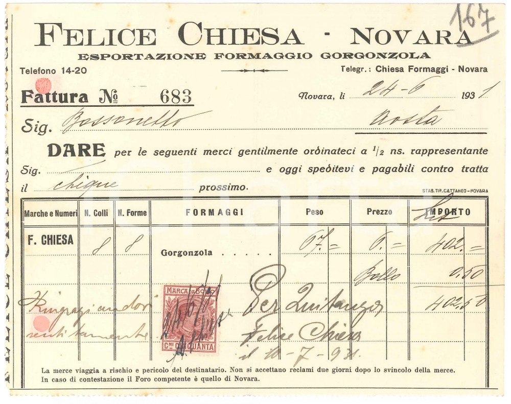 1931 NOVARA - Felice CHIESA Esportazione formaggio gorgonzola - Fattura (5)