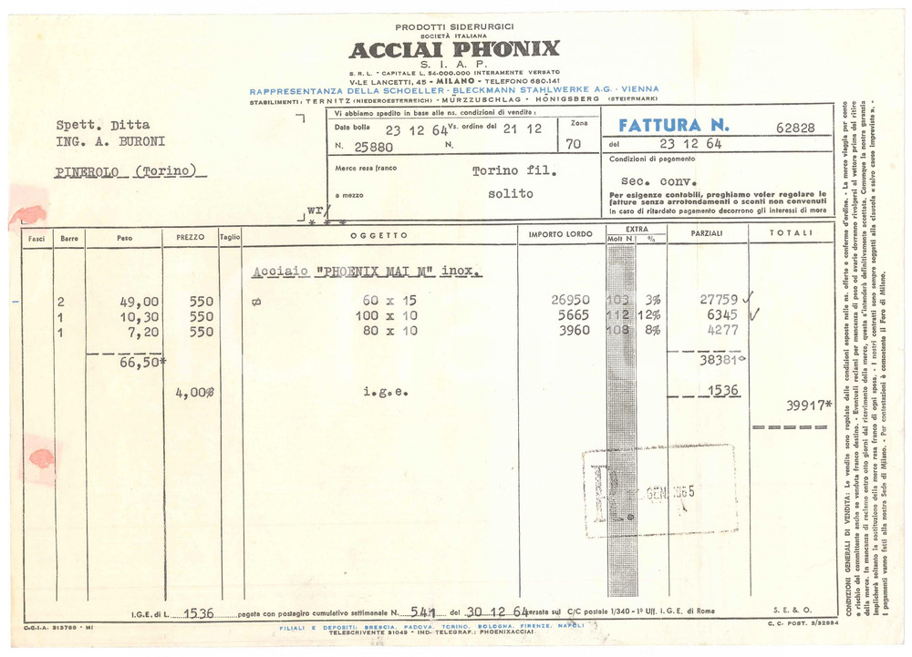 1964 MILANO V.le Lancetti 45 - ACCIAI PHONIX Prodotti siderurgici - Fattura