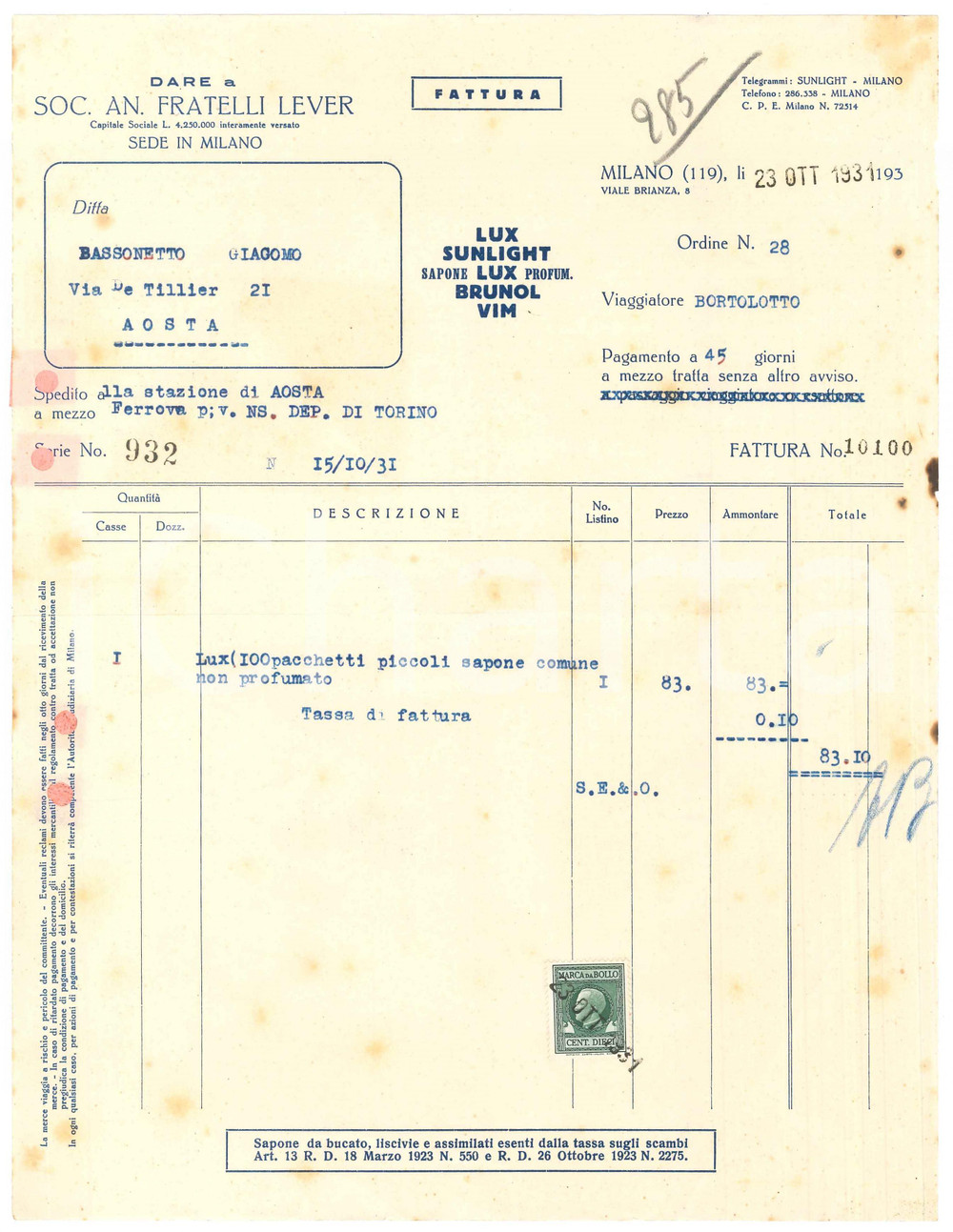 1931 MILANO Viale Brianza 8 - Soc. An. Fratelli LEVER Sapone LUX - Fattura (3)