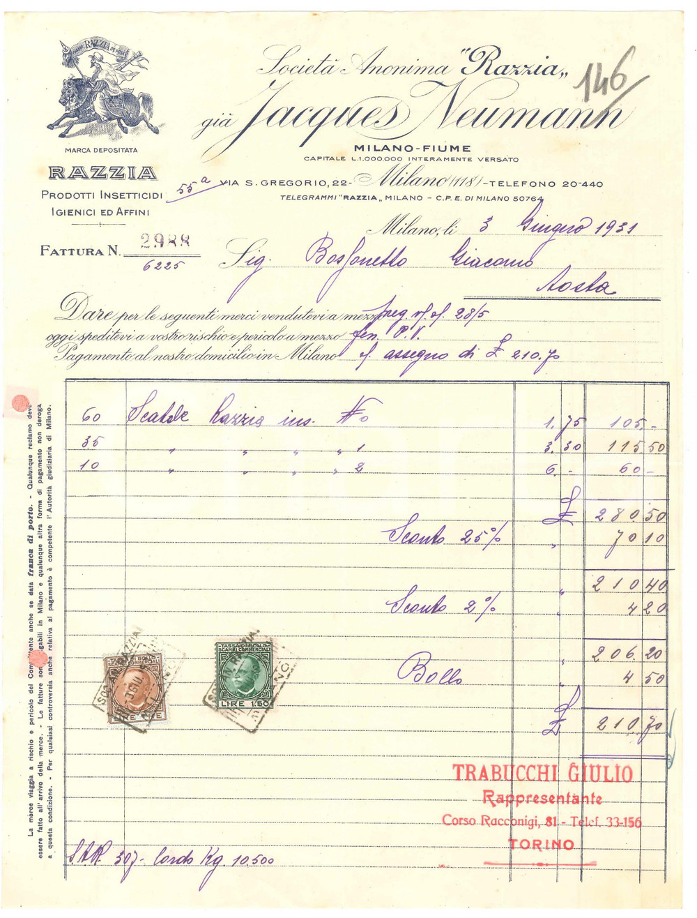 1931 MILANO Via S. Gregorio 22 - S.A. "Razzia" già Jacques NEUMANN - Fattura