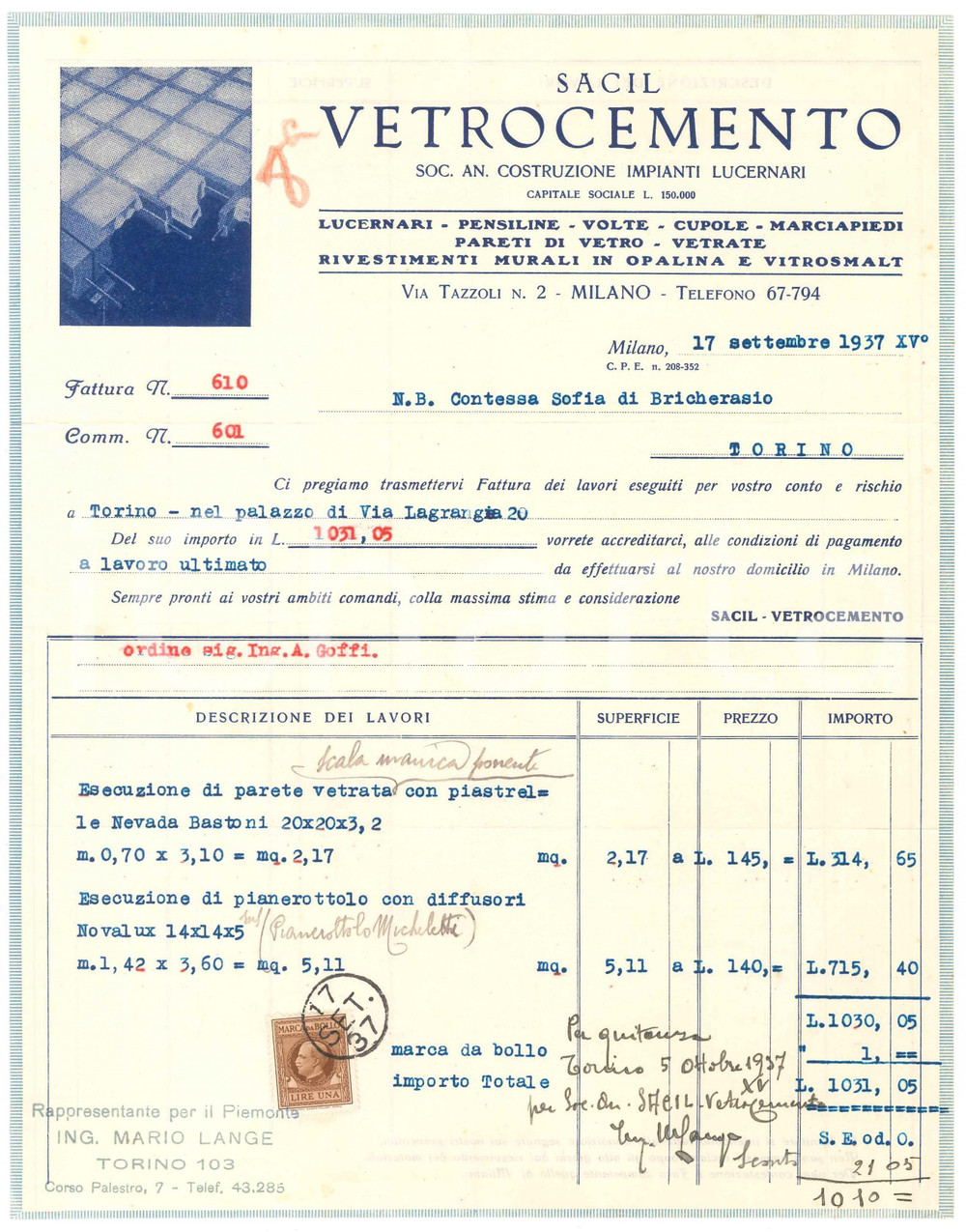 1937 MILANO Via Tazzoli 2 - SACIL Vetrocemento S.A. Impianti lucernari - Fattura
