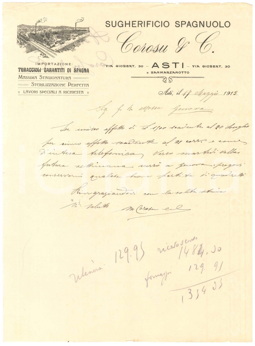 1913 ASTI - COROSU & C. Sugherificio spagnuolo - Lettera commerciale