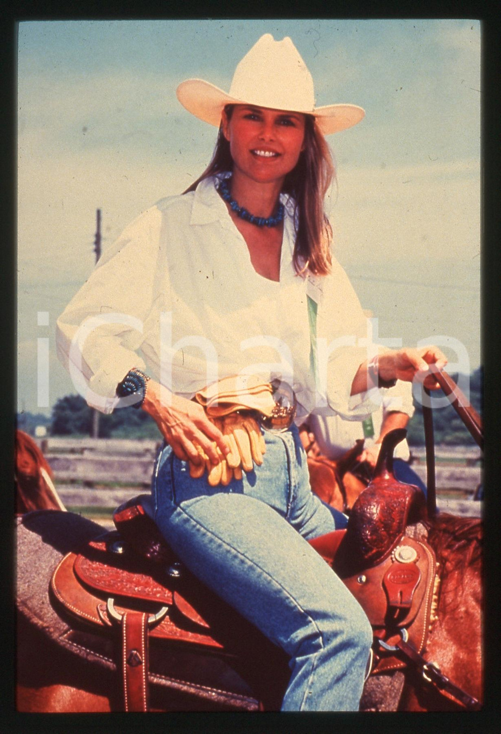 35mm vintage slide* 1980ca USA Christie BRINKLEY a cavallo - Ritratto top model