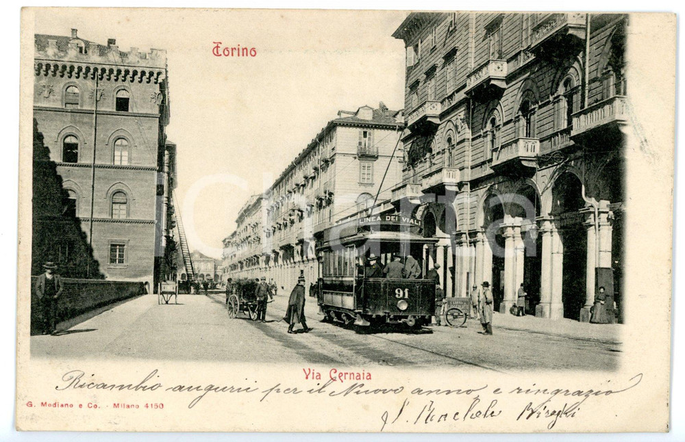 Cartolina originale da collezione 1904 TORINO Via Cernaia  Cartolina ANIMATA Tram 91 Linea dei Viali  FP VG 1