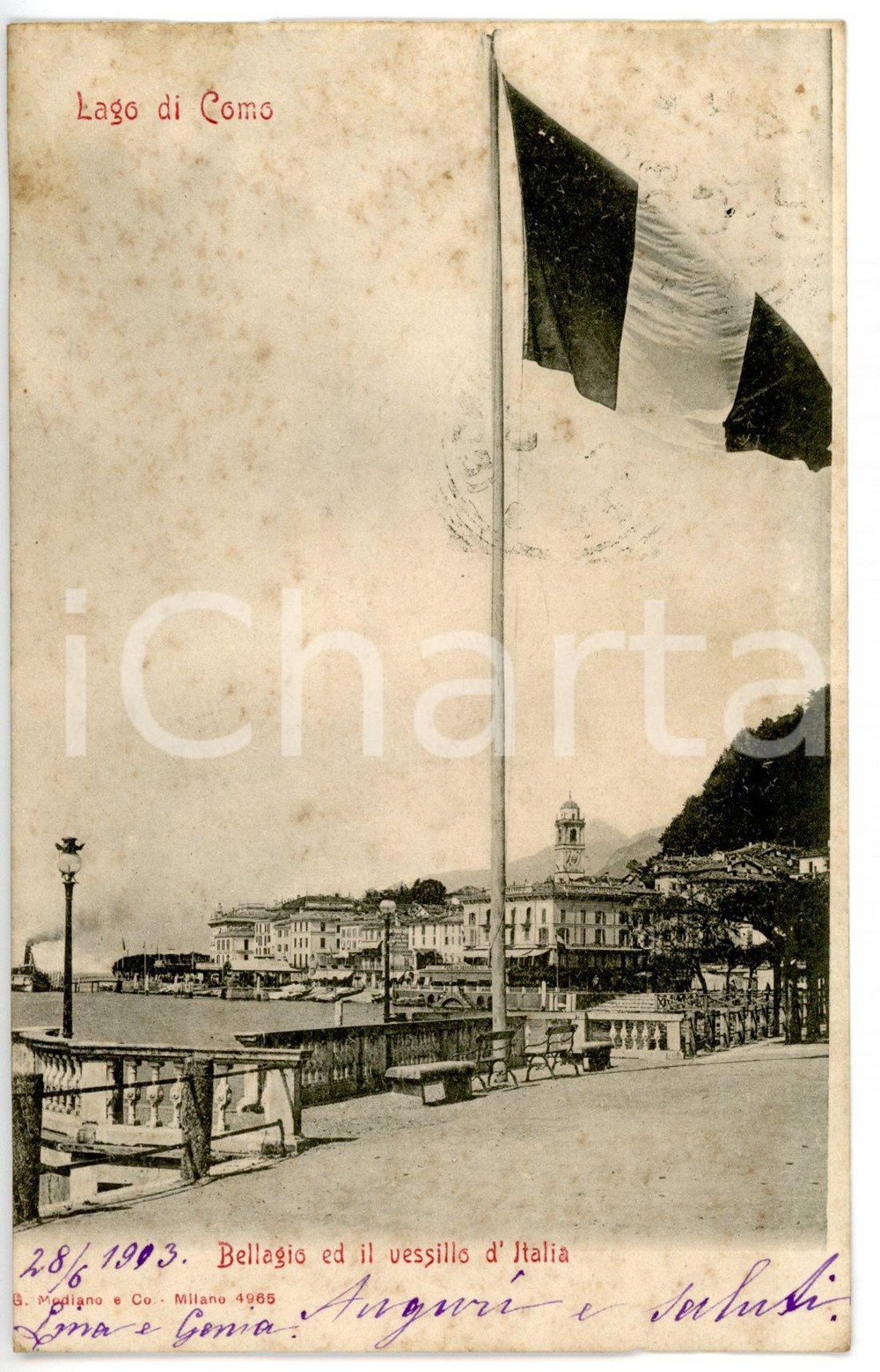 1903 BELLAGIO (CO) Tricolore sventola sul lungolago *Cartolina VINTAGE FP VG