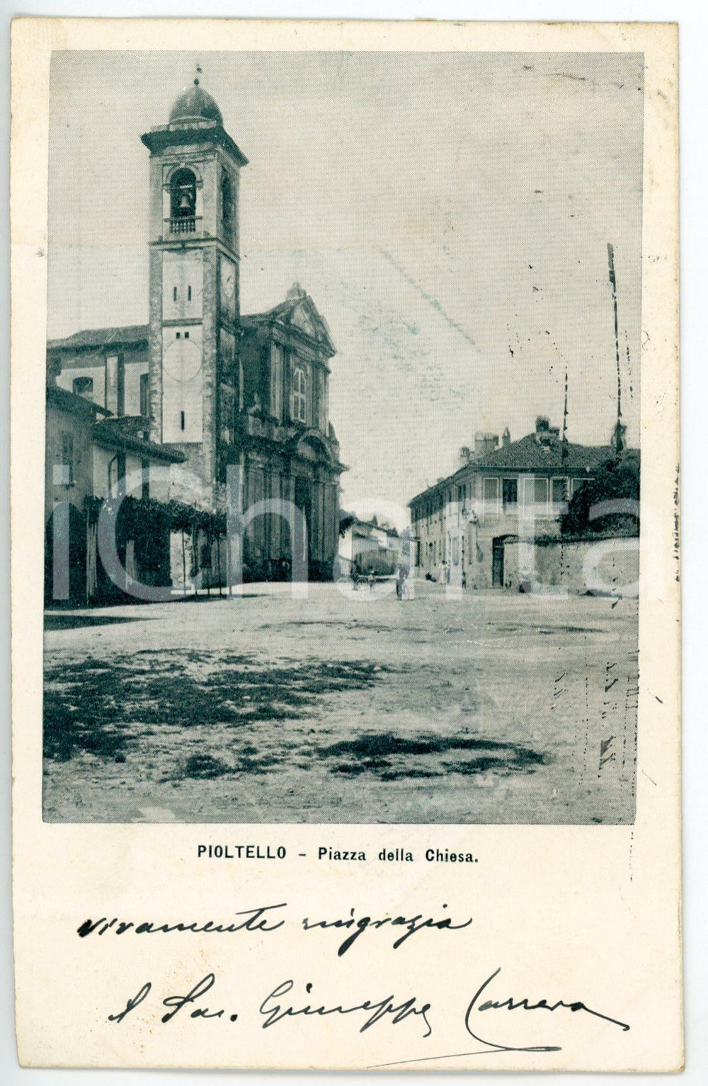 1905 PIOLTELLO Piazza della Chiesa - Cartolina don Giuseppe CARRERA Autografo