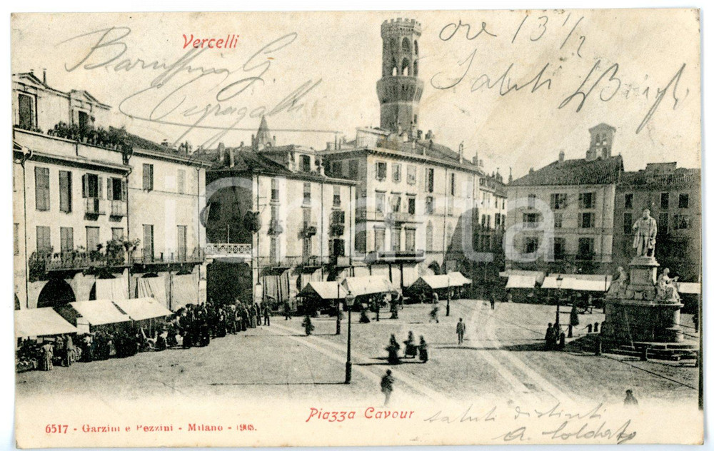 1904 VERCELLI Piazza Cavour - Scorcio con Torre dell'Angelo *Cartolina FP VG