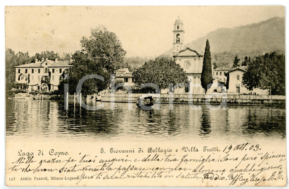 1903 BELLAGIO - SAN GIOVANNI Scorcio del LAGO DI COMO con barca *Cartolina FP VG