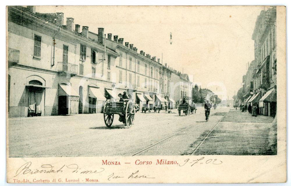 1902 MONZA Corso Milano - Veduta con passaggio di carrozze - Cartolina ANIMATA