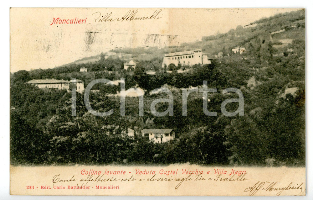 1903 MONCALIERI (TO) Panorama con CASTELVECCHIO e Villa NEGRI *Cartolina FP VG