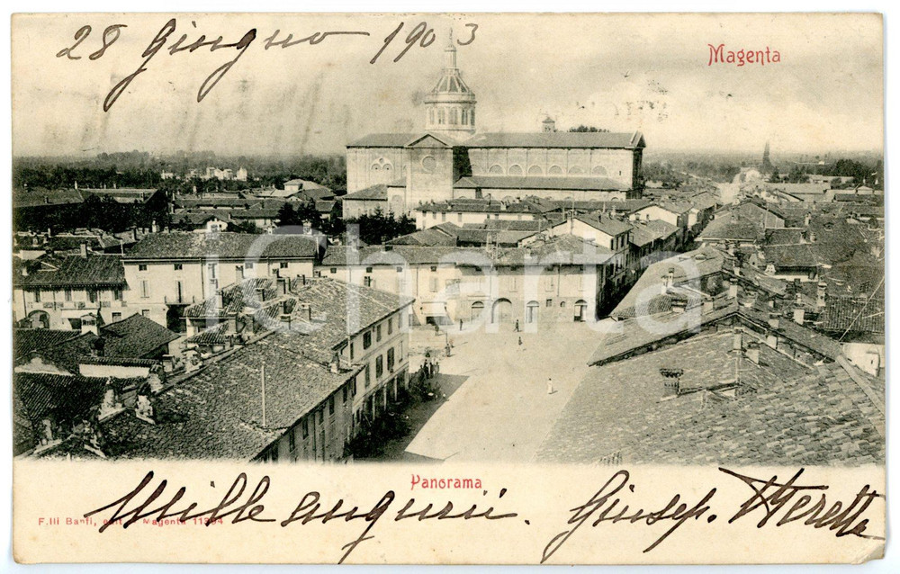 Cartolina originale da collezione 1903 MAGENTA MI Panorama con Basilica di SAN MARTINO Cartolina ANIMATA FP VG 1