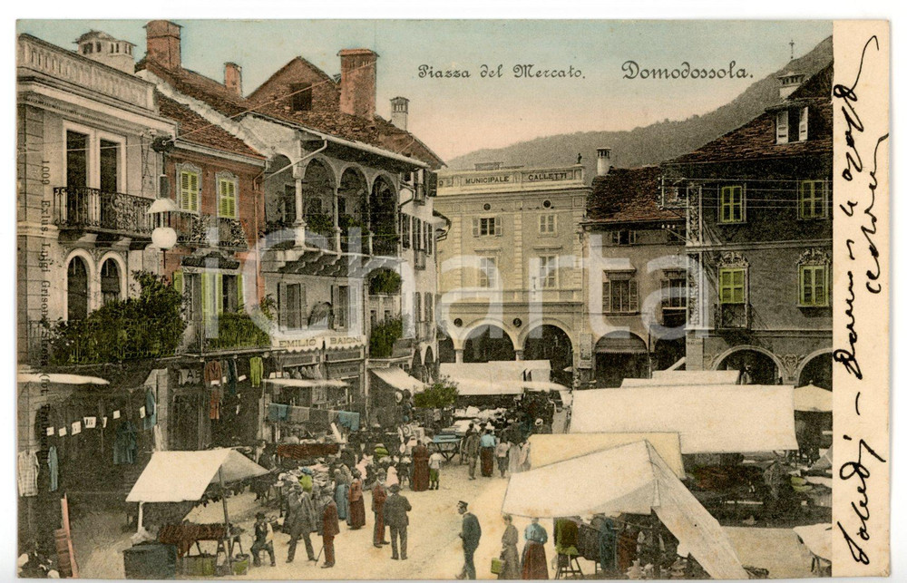 1905 DOMODOSSOLA (VB) Piazza del Mercato - Cartolina ANIMATISSIMA FP VG