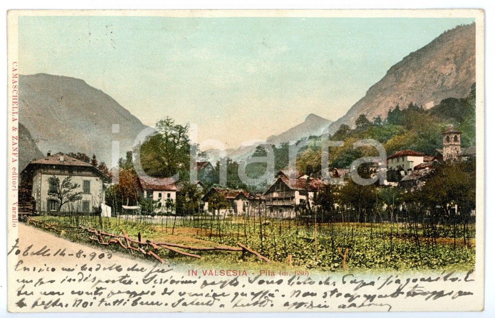 1903 PILA (VC) VALSESIA - Panorama con campi coltivati *Cartolina FP VG 2 Cartolina d'epoca, viaggiata.  CONDIZIONI: FAIR (lievi sovraimpressioni) FORMATO: FP    originale e autentica 1