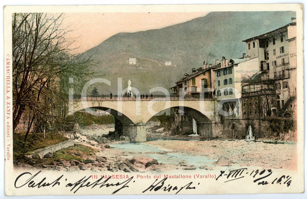 1903 VARALLO (VC) Ponte sul MASTELLONE - Hotel de la Poste *Cartolina ANIMATA FP