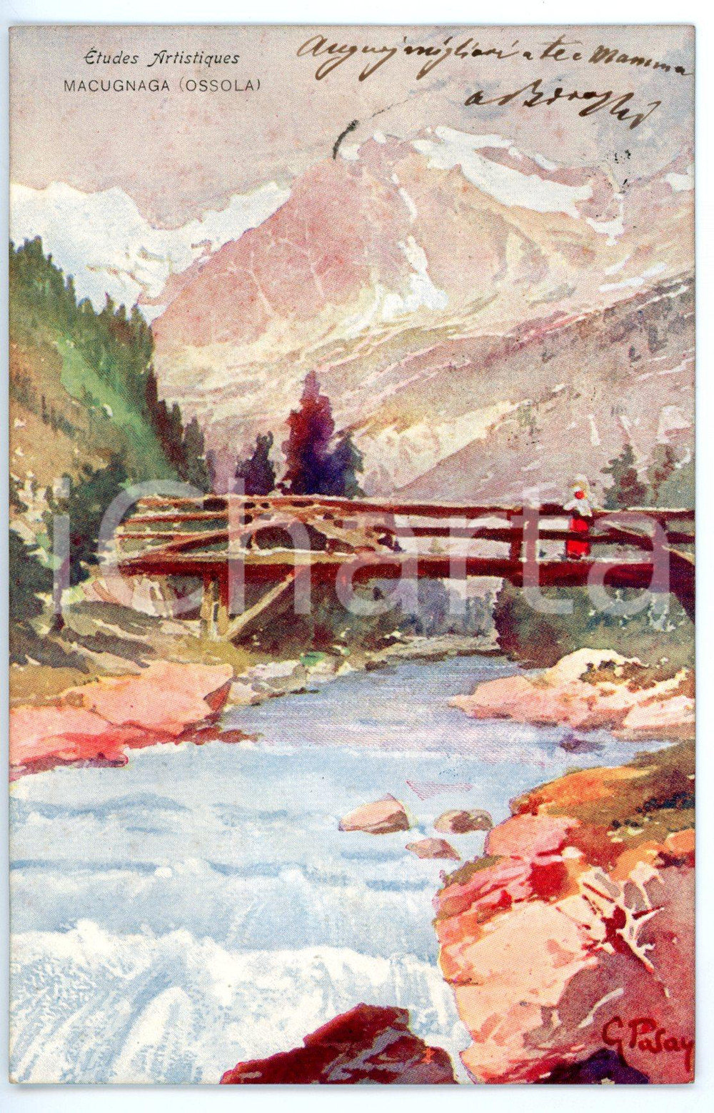 1905 ca MACUGNAGA (VB) Ponte sul torrente ANZA *Cartolina ILLUSTRATA da G. PASAY