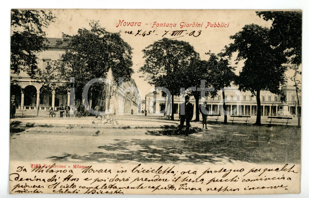 1908 NOVARA Fontana ai giardini pubblici *Cartolina ANIMATA FP VG