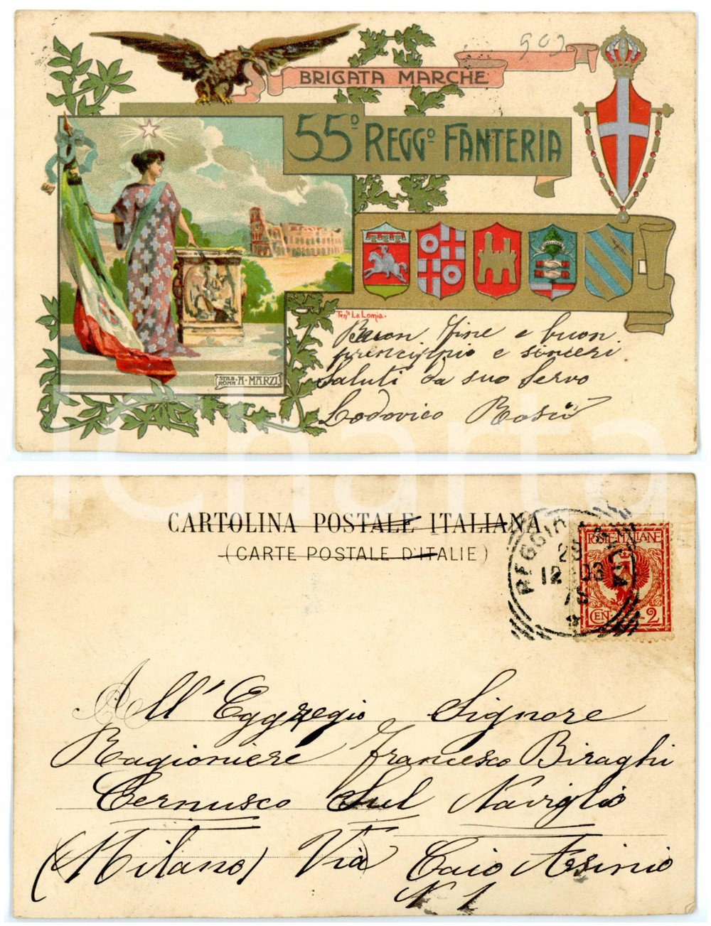 Cartolina originale da collezione 1903 BRIGATA MARCHE 55Â° Reggimento FANTERIA  Cartolina ILLUSTRATA FP VG 1