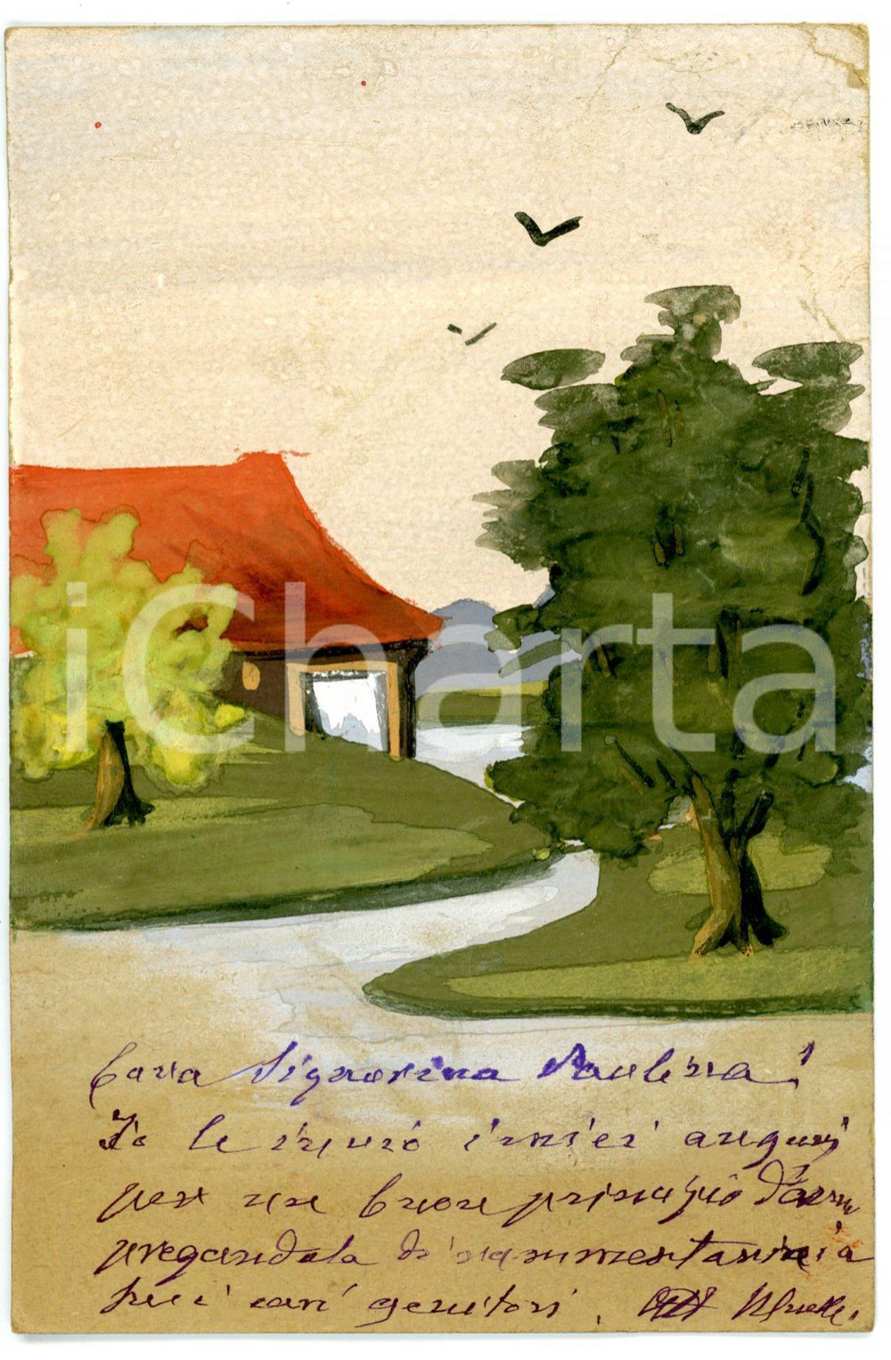 1903 MILANO Paesaggio con casetta *Cartolina colorata a tempera FP VG