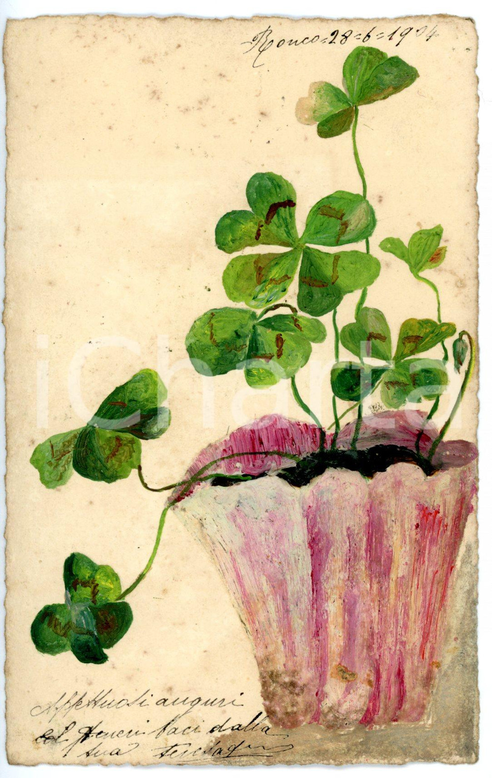1904 RONCO Vaso di quadrifogli *Cartolina colorata a tempera FP VG
