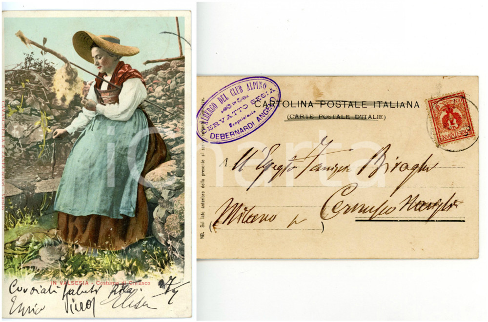 1903 CIVIASCO (VC) - COSTUME Filatrice con fuso e rocca *Cartolina ILLUSTRATA 